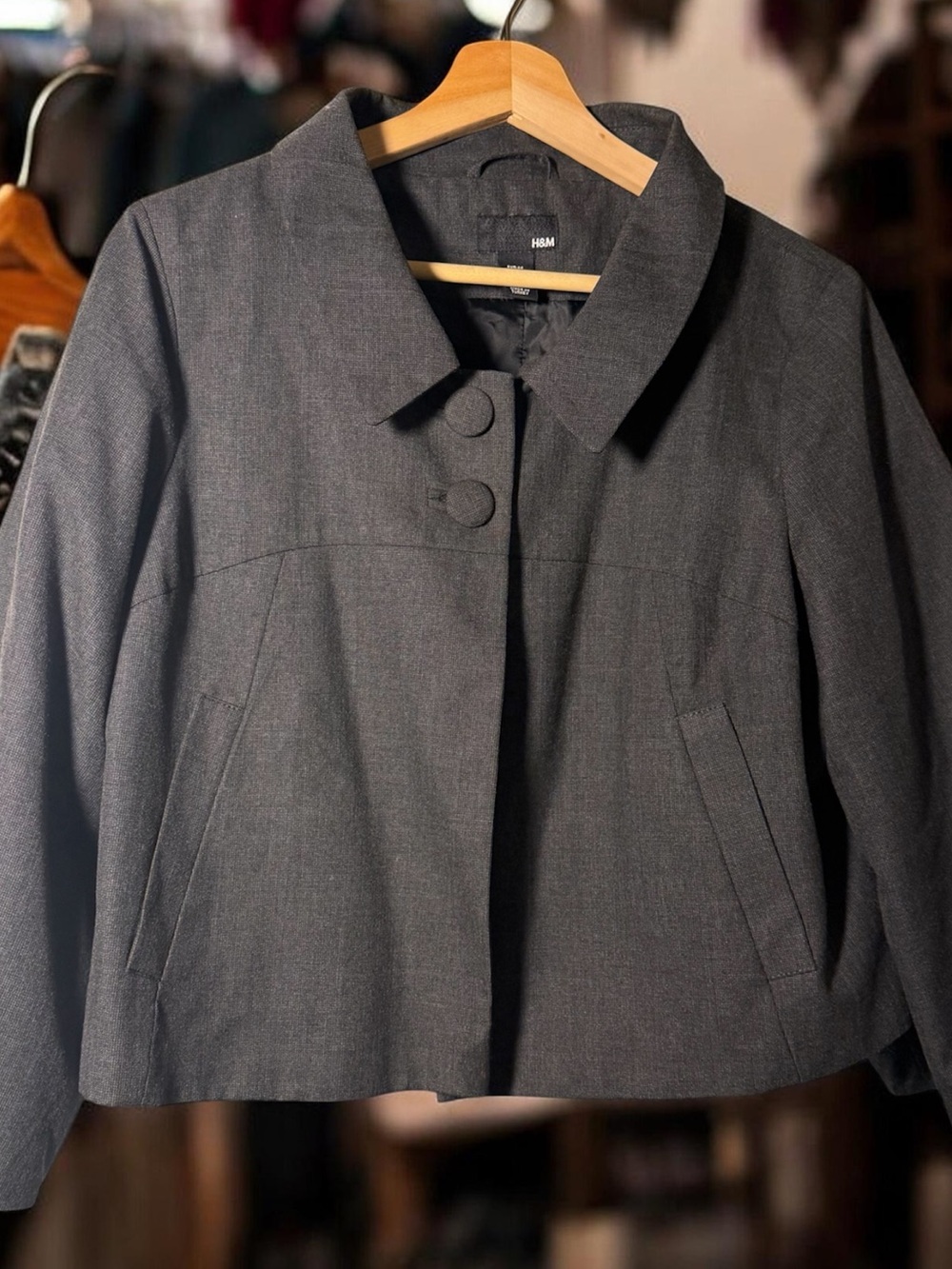 H&M Gray Cropped Swing Blazer Balloon Sleeve Size US 14